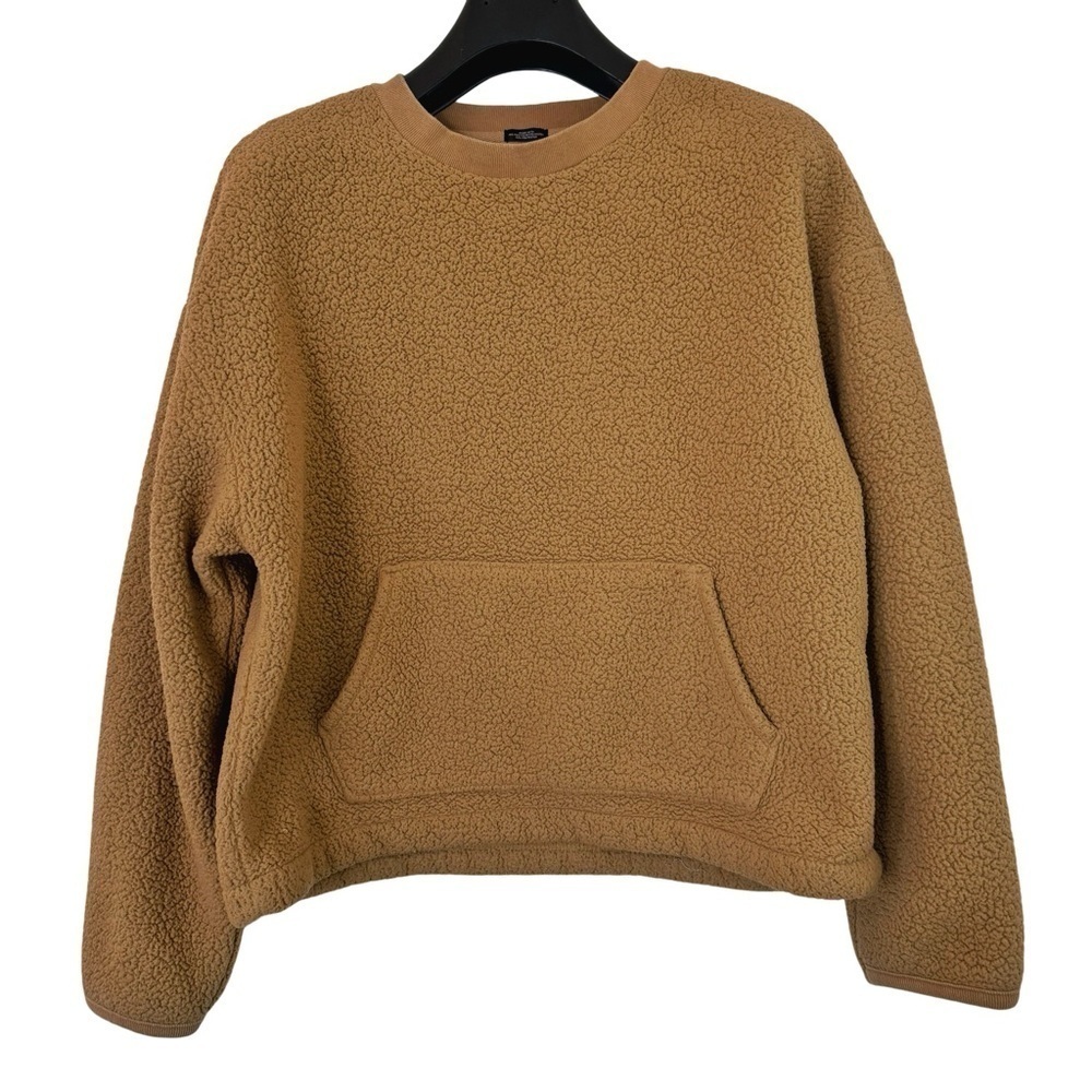 GAP Women's Short Brown/Tan Fleece Pullover Pouch Pocket Nice Ribbed Trimming S